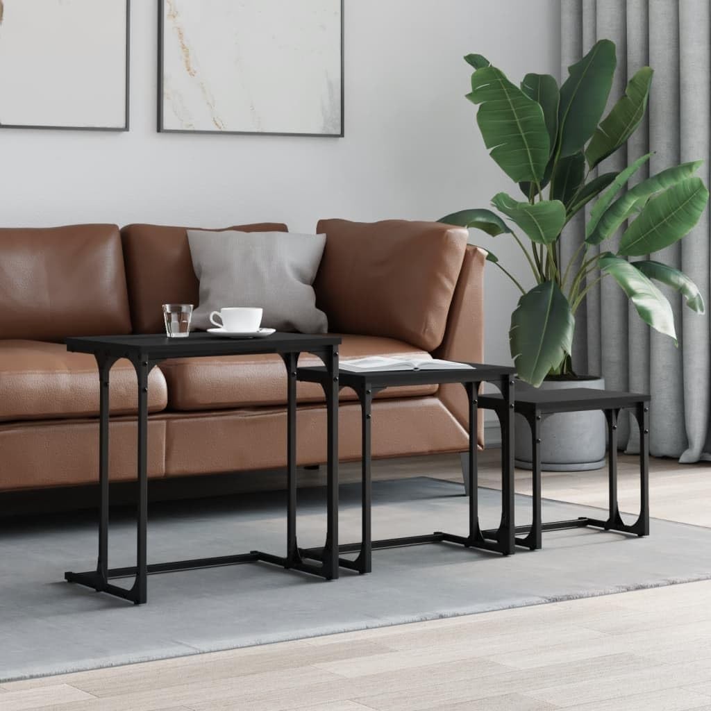 3x Nesting Coffee Table Set Black Engineered Wood Metal Frame Side Tables