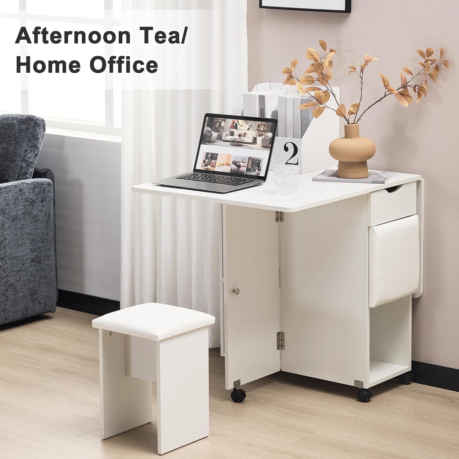 Compact Folding Dining Table Set with Storage & PU Chairs, Lockable Wheels