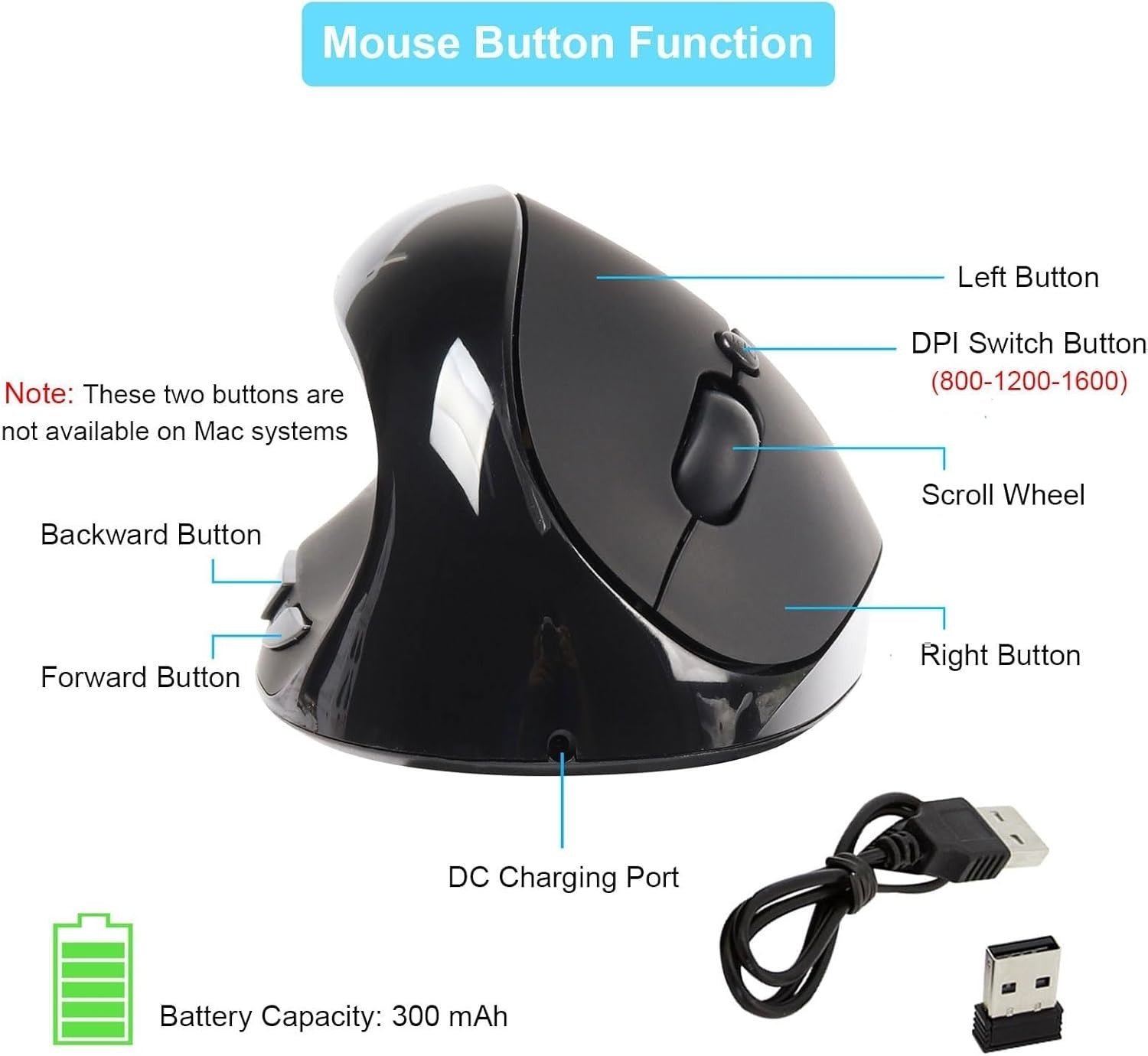 Left Hand Vertical Wireless Mouse Rechargeable 1600 DPI 6 Buttons