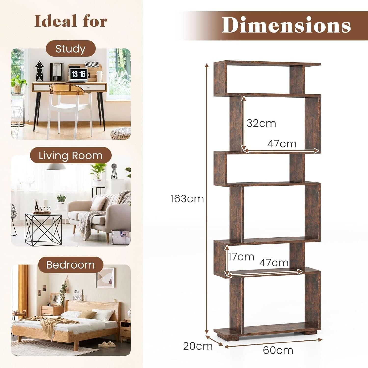 6-Tier S-Shaped Bookshelf Ladder Shelf with Anti-Tip Kits, Rustic Brown, Tall St
