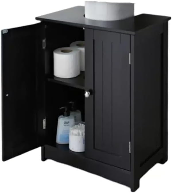 Black Under Sink Bathroom Cabinet – 2 Door Storage Unit with Shelves 60x48x66cm