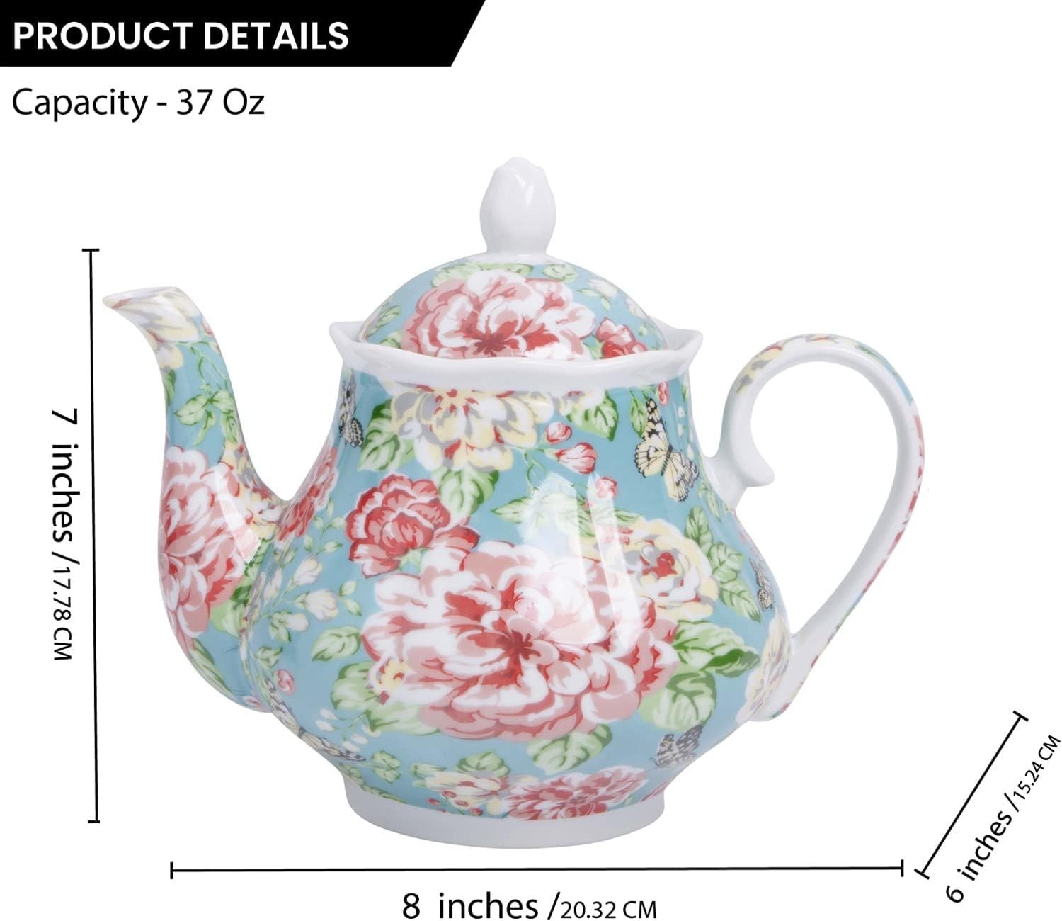 Vintage Porcelain Teapot 37oz Floral Tea Pot European Style Gift Box