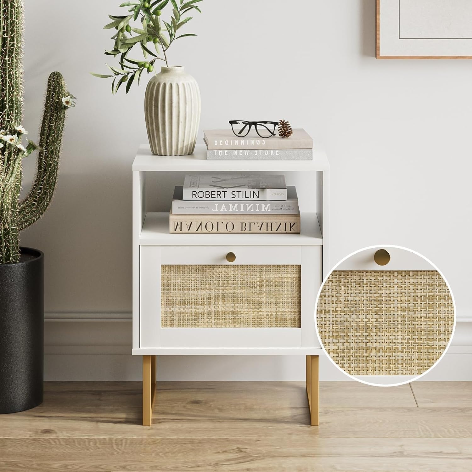Modern Rattan Bedside Table with Drawer & Shelf – Boho White Wood Nightstand