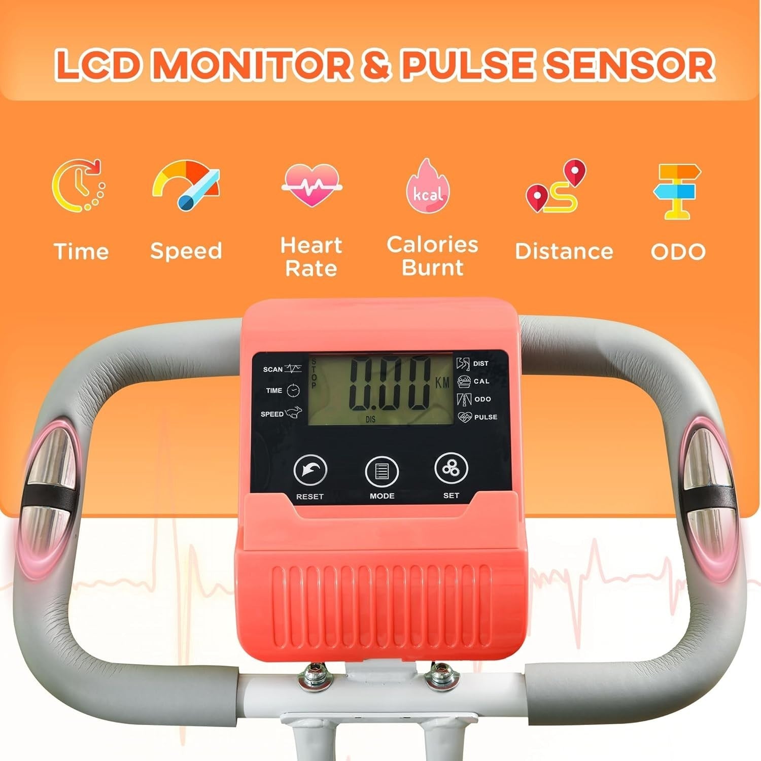 Orange 3-in-1 Folding Exercise Bike Magnetic Resistance LCD Pulse & Bands