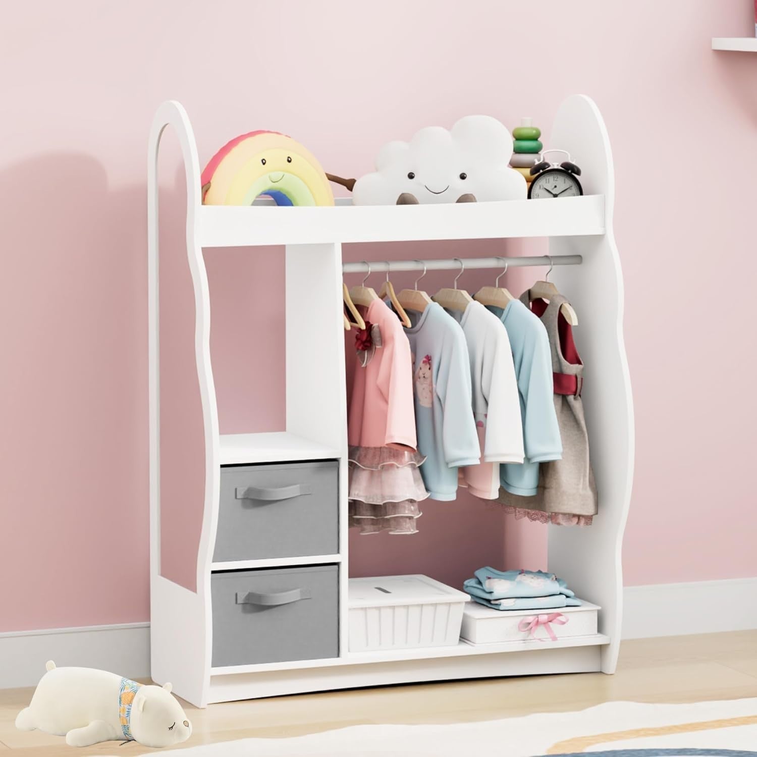 Kids Wardrobe with Mirror, Hanging Rail & 2 Drawers, White Cloud Design