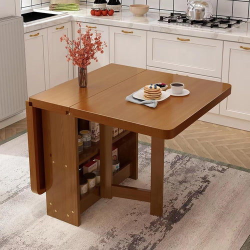 Foldable Drop Leaf Wooden Table with Storage Shelves Space Saving Walnut