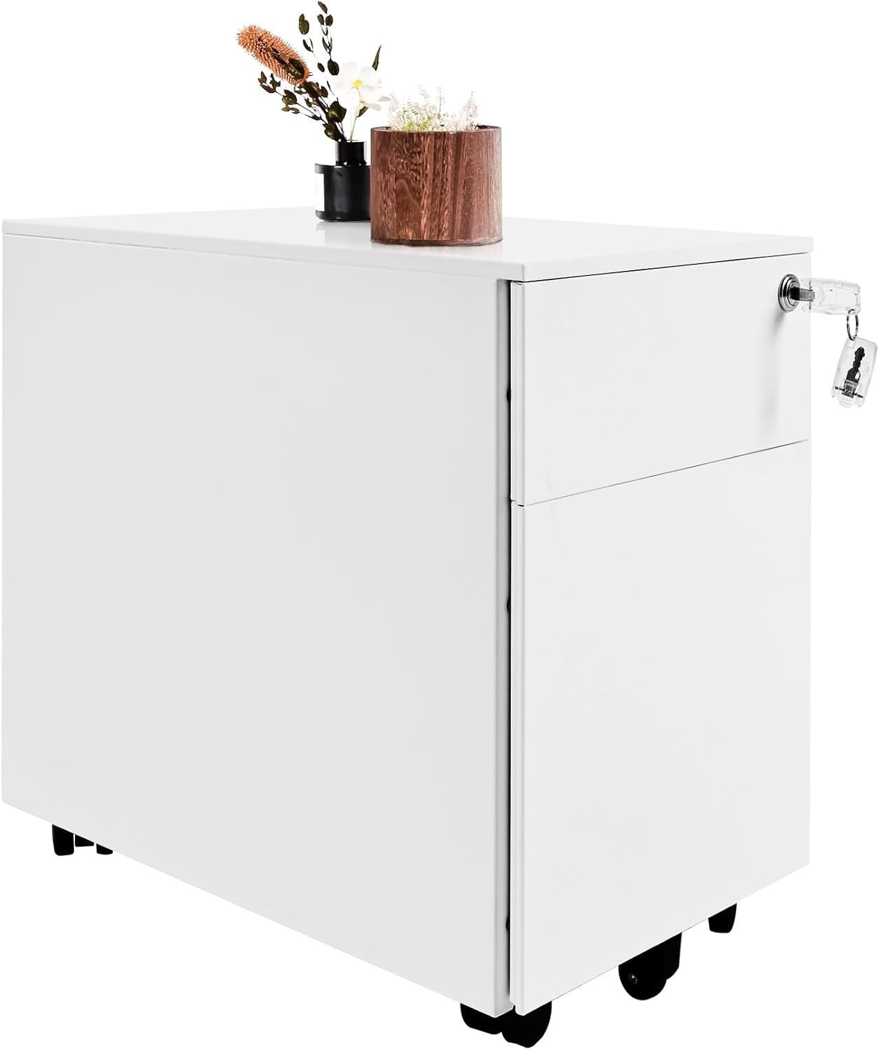 White Locking Metal File Cabinet 2 Drawer Under Desk Rolling Storage