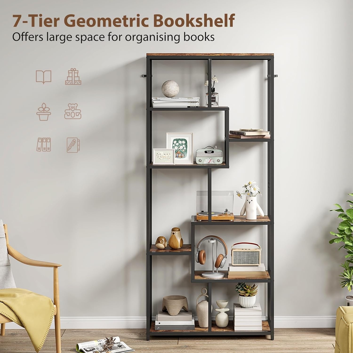 7-Tier Rustic Brown & Black Bookcase | Industrial Geometric Display Shelf Unit