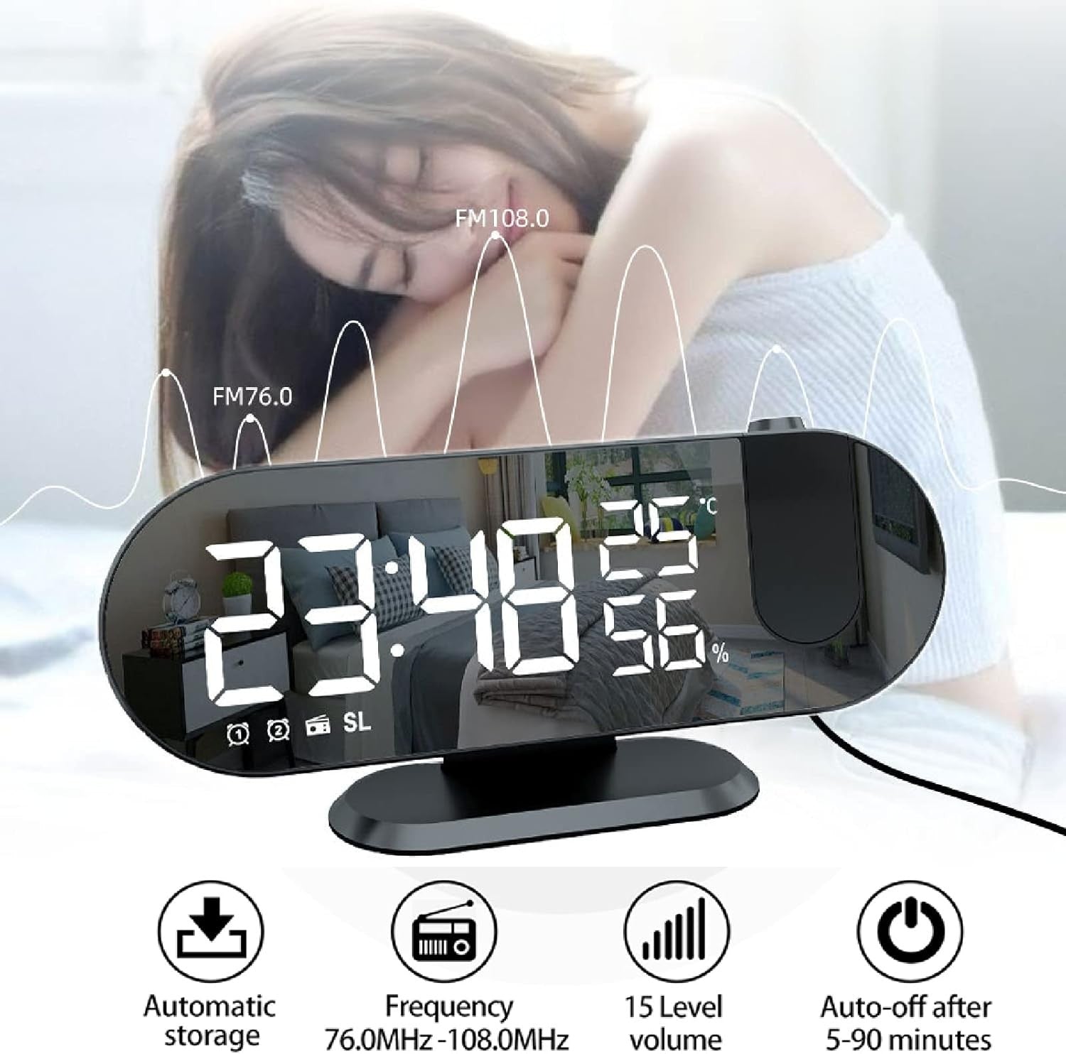 Projection Alarm Clock FM Radio 180° Ceiling Display Snooze USB