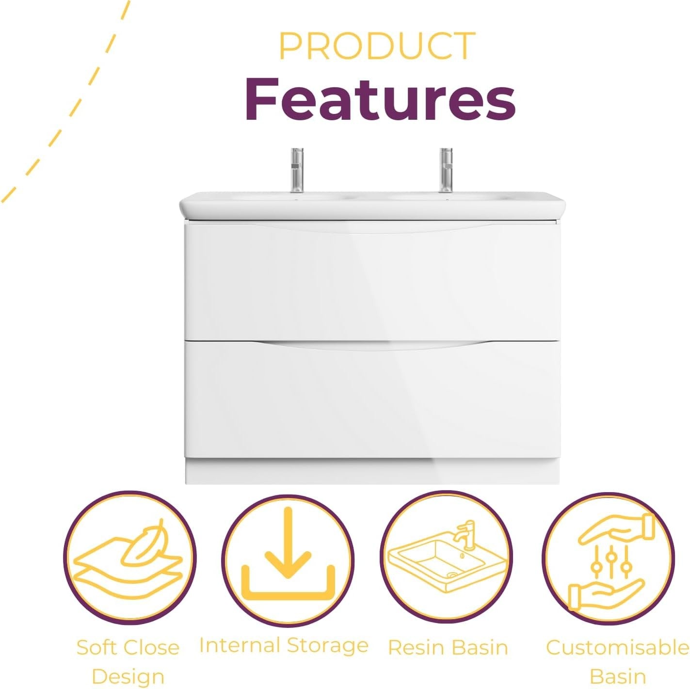 1200mm Double Basin Floor Standing Vanity Unit White Gloss Bathroom Storage