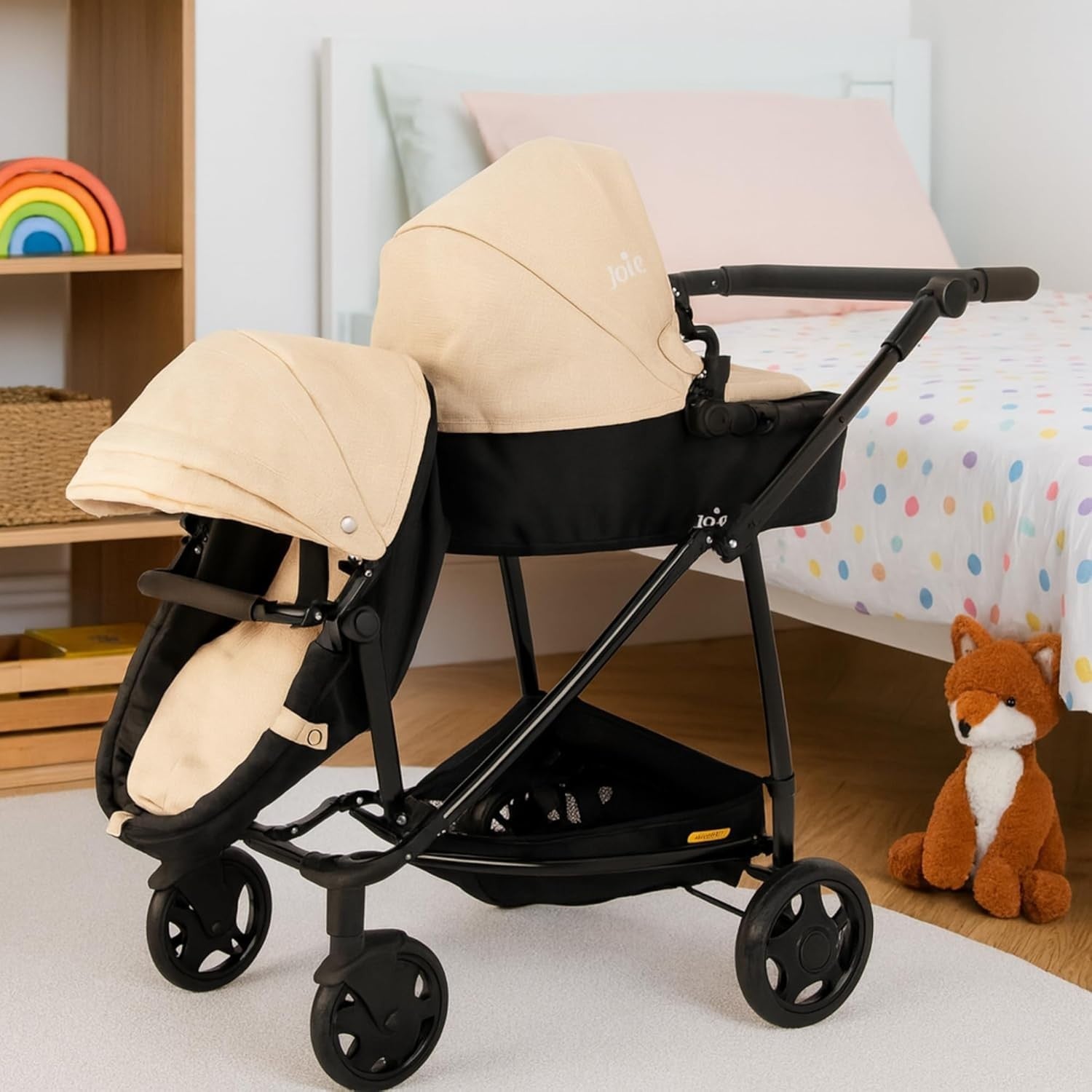 Double Dolls Pram Twin Pushchair Toy, Adjustable Handle, Fold Flat