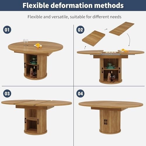 Extendable Round Dining Table Walnut Storage 118-158cm Oval