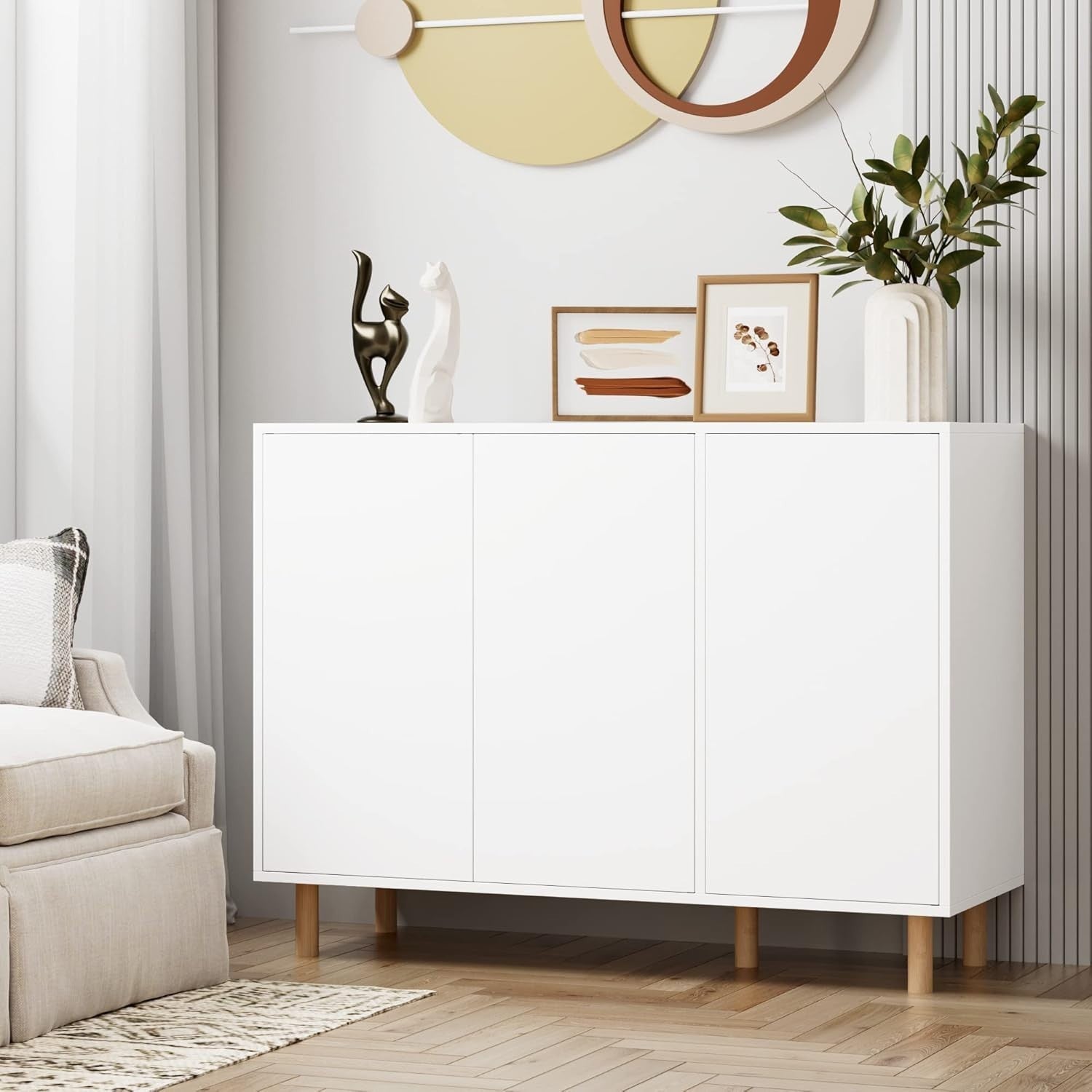 White Sideboard Cabinet 3 Door Storage Unit Adjustable Shelves 107cm Wide