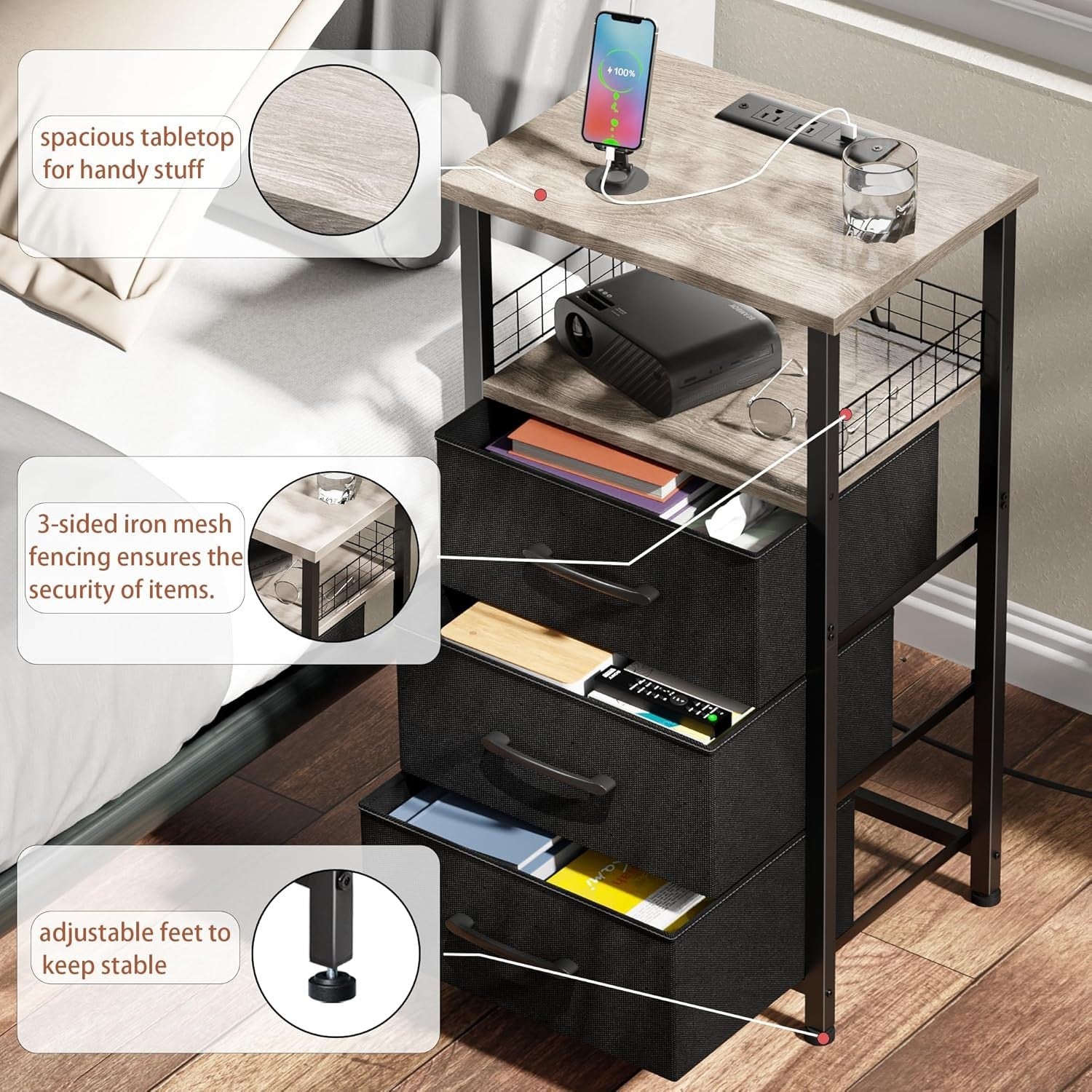 Modern LED Bedside Tables with 3 Drawers & USB Charging – Set of 2, Grey