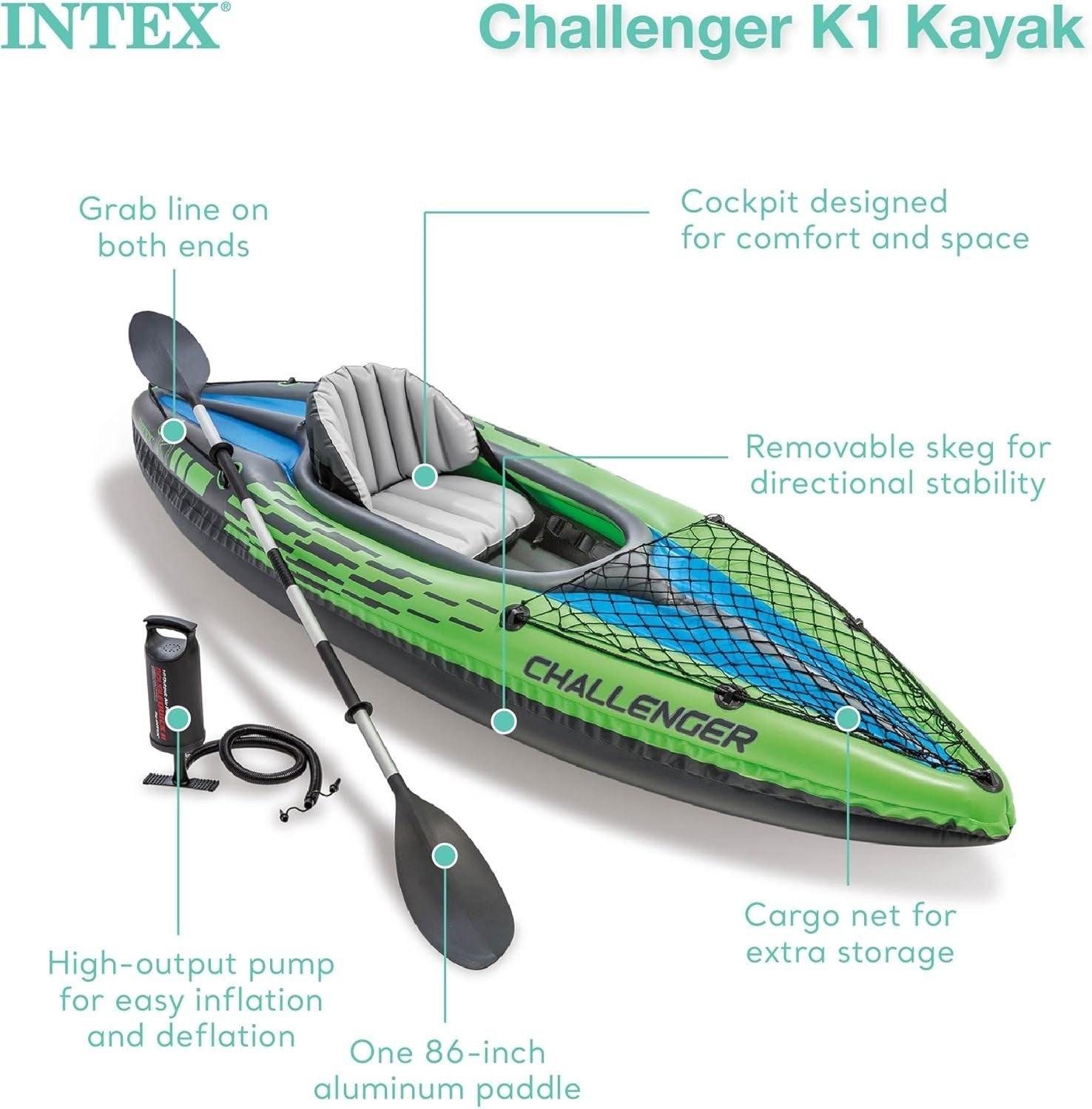 1 Person Inflatable Kayak Set w/ Oars Pump Cargo Net Green