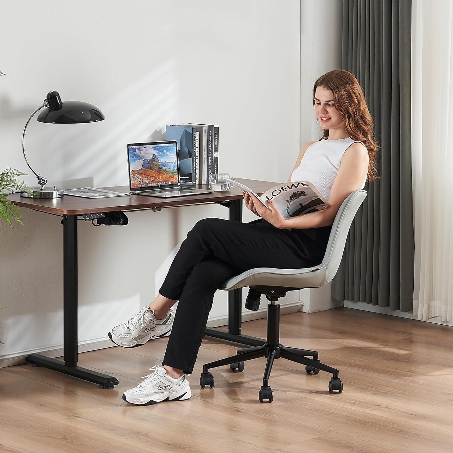 Ergonomic Grey Office Chair Adjustable Height Swivel Faux Leather Desk Seat