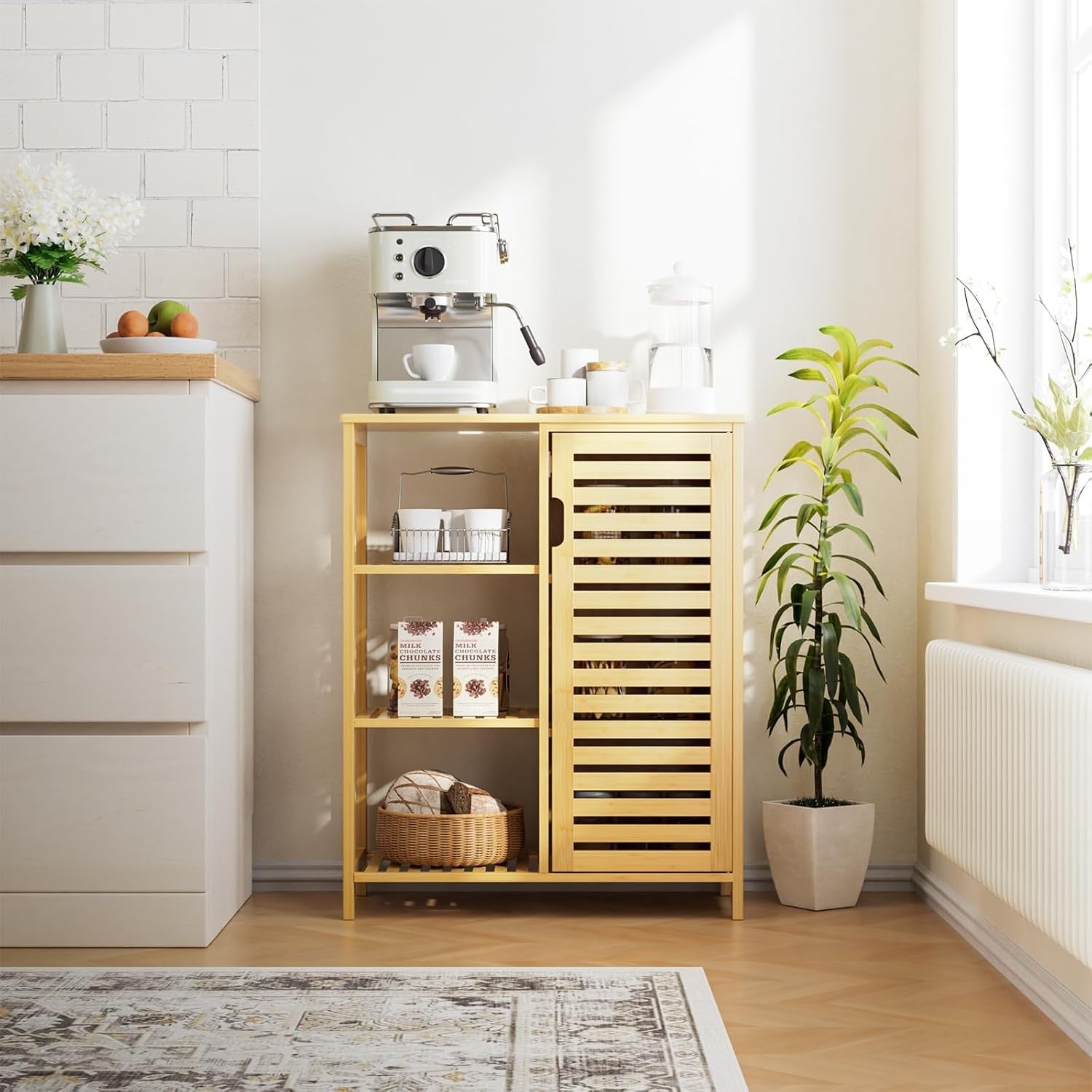 Natural Bamboo Storage Cabinet with Door & Shelves Modern 63x33x87cm
