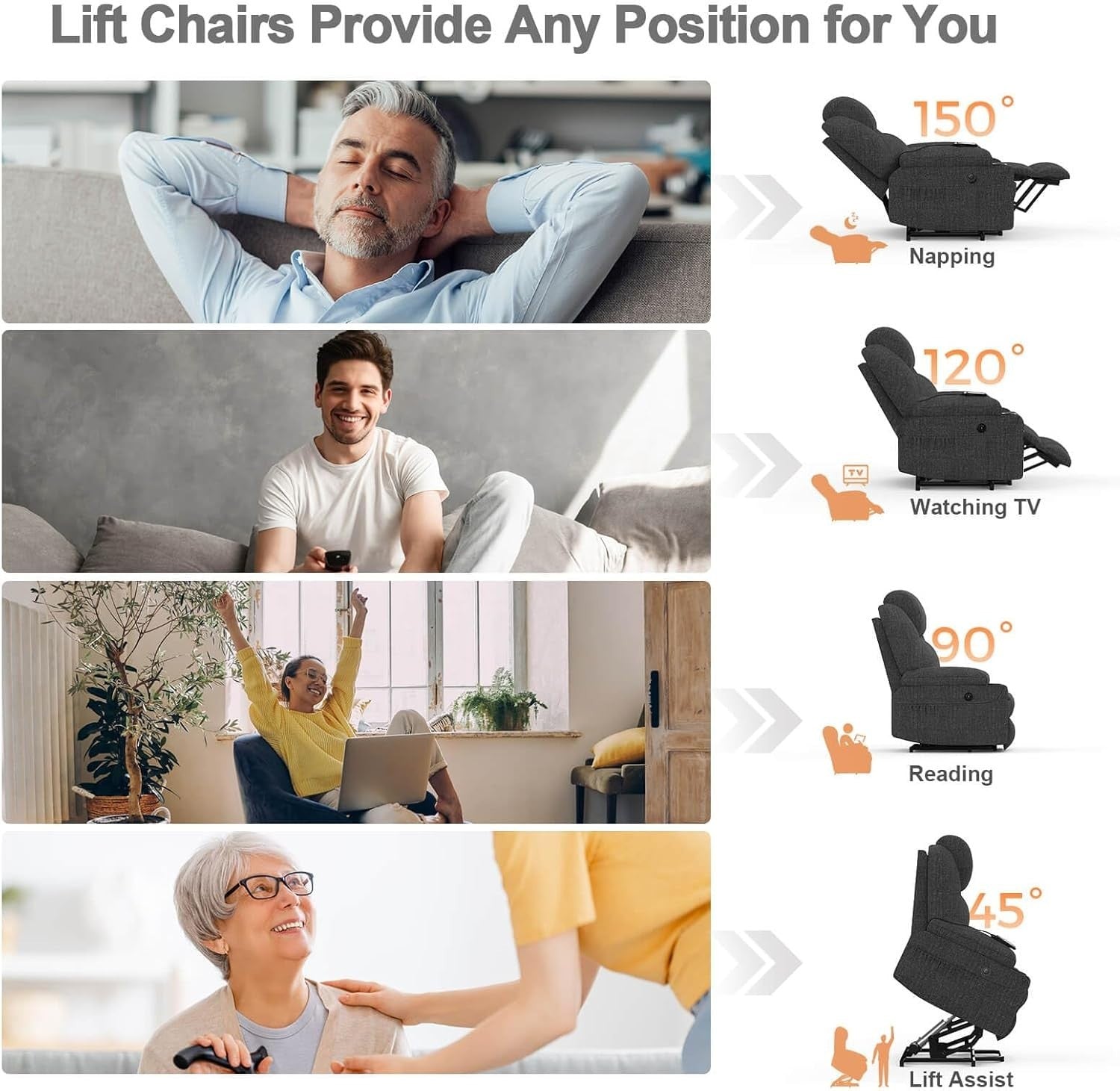 Set of 2 Lift Recliner Chairs Massage Heat USB-C Footrest Cup Holders Deep Grey