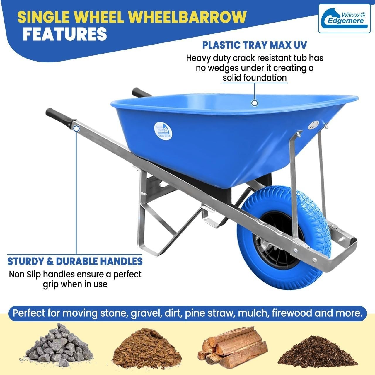 160L 1-Wheel Wheelbarrow Blue – PU Puncture-Proof Tyre w/ Galv Frame 175kg Cap