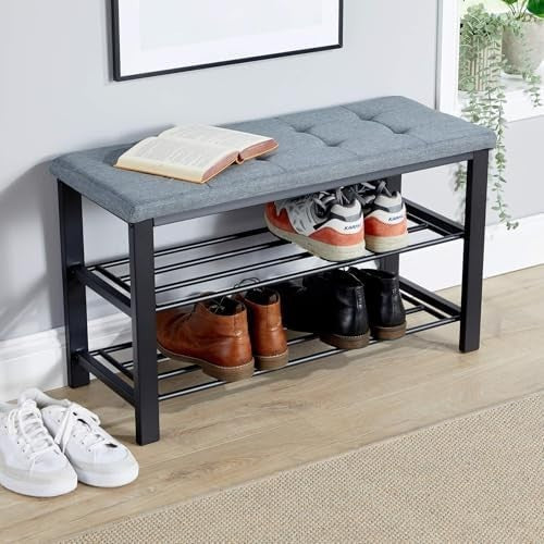 Grey Shoe Storage Bench with Linen Cushion & 2 Shelves – Metal Hallway Unit