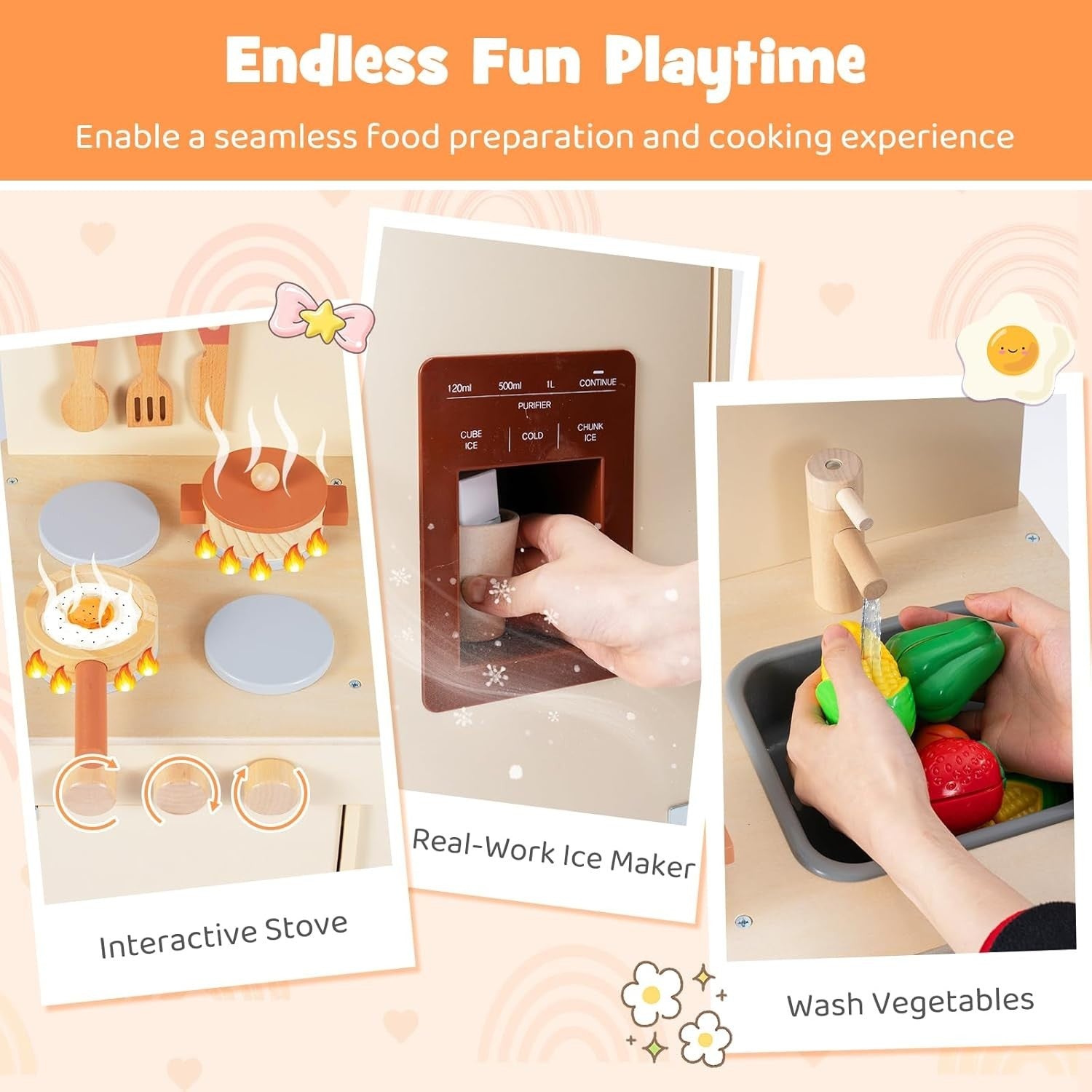 Kids Wooden Play Kitchen w/ Ice Maker Sink Yellow Toy Set