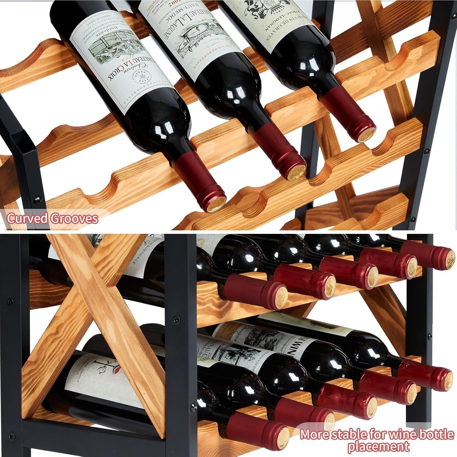25 Bottle Wine Rack 5 Tier Rustic Floor Standing Storage Shelf with Wood Top Bar