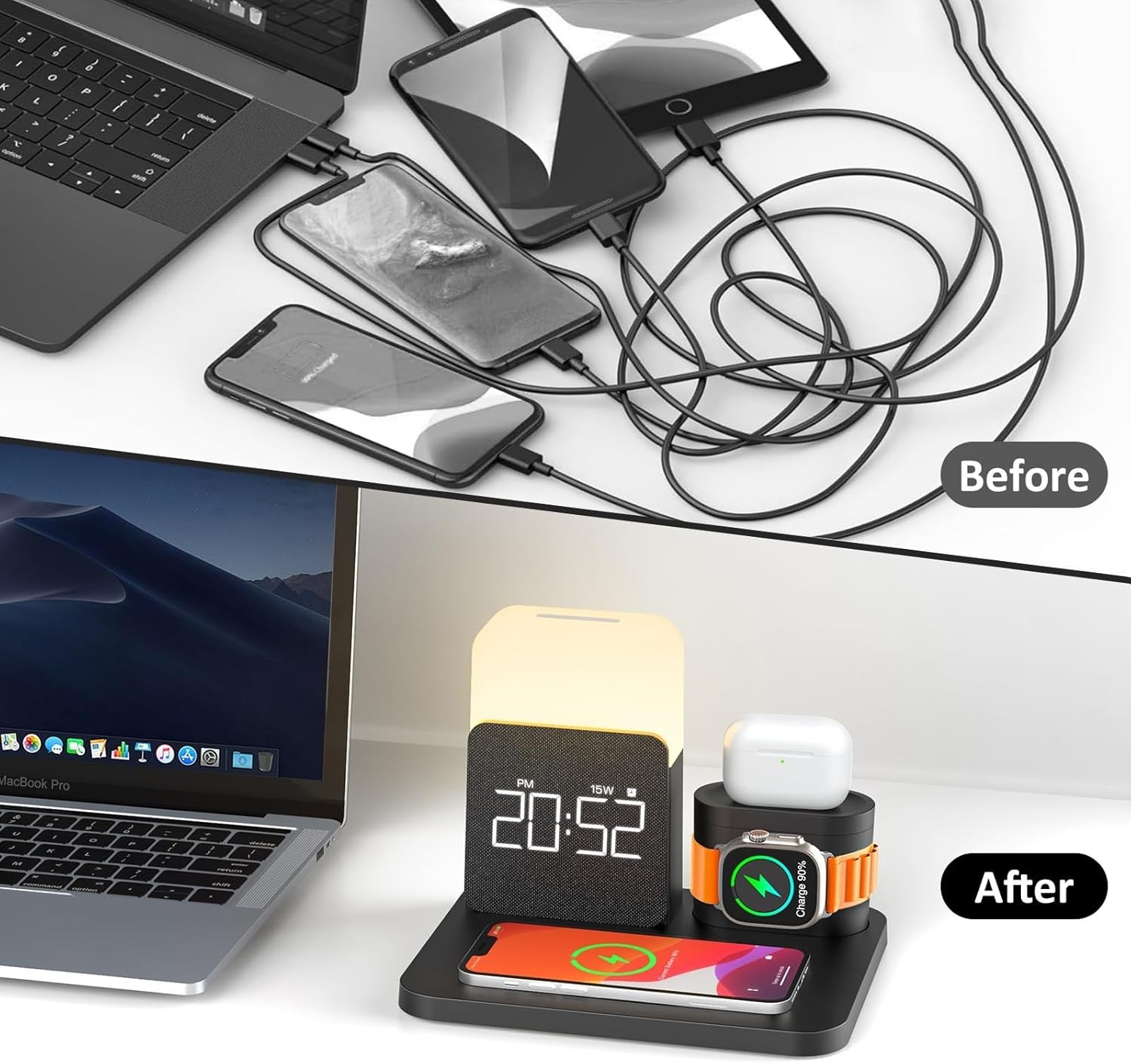 6 in 1 Wireless Charging Station MagSafe Alarm Clock Night Light Stand