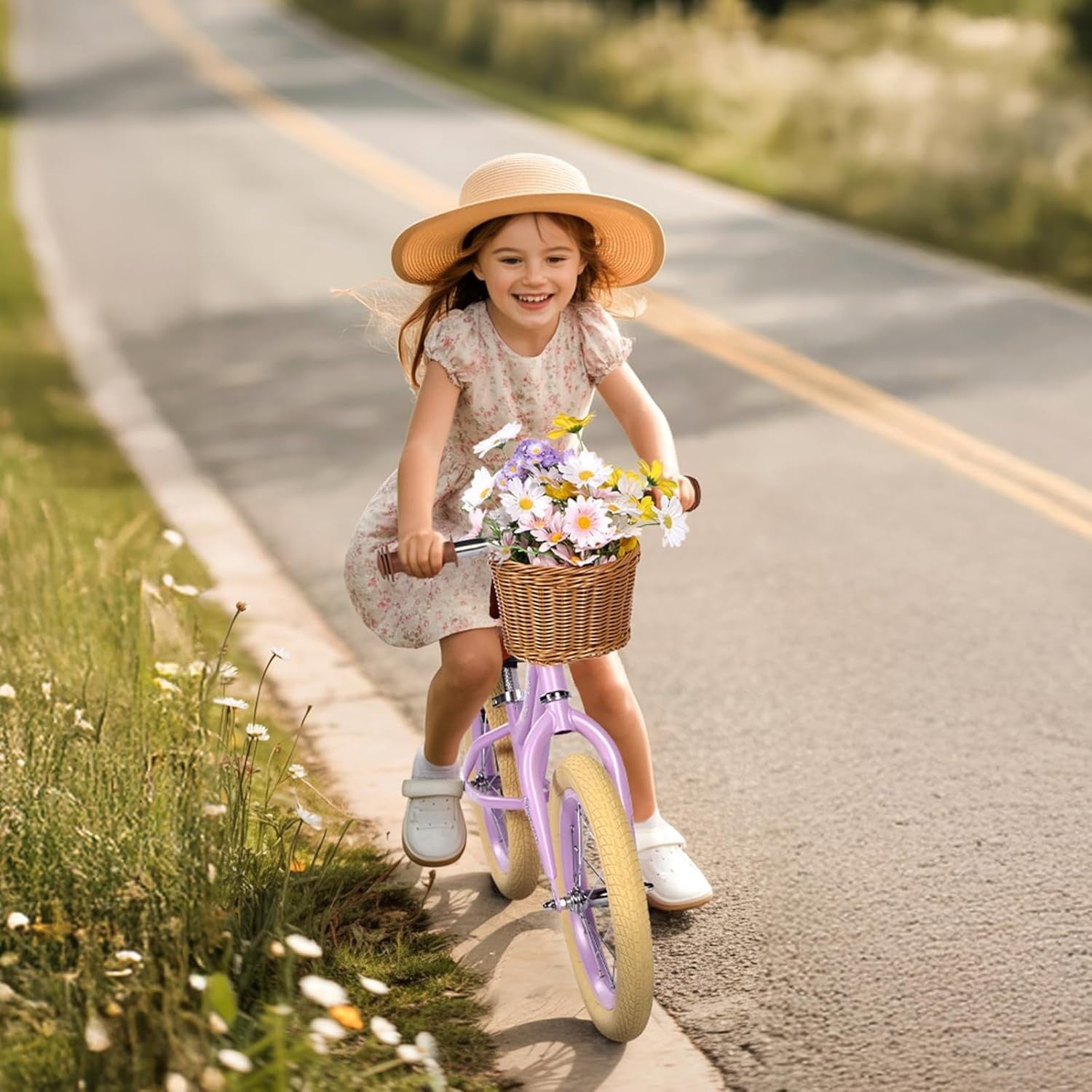 14" Kids Balance Bike Adjustable Seat Basket No Pedal Training Bike Purple