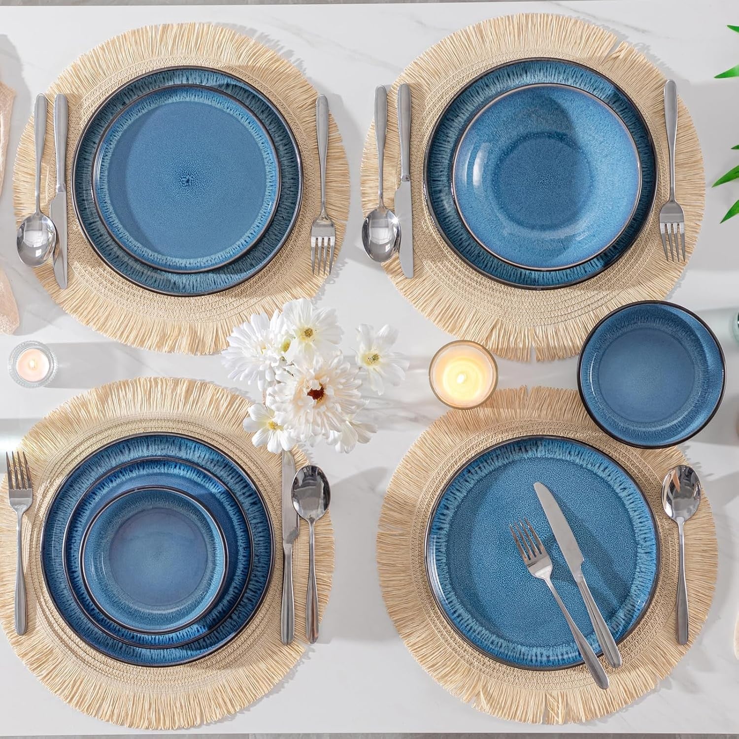 48pc Blue Dinner Set Plates Bowls Stoneware Reactive Glaze Service for 12