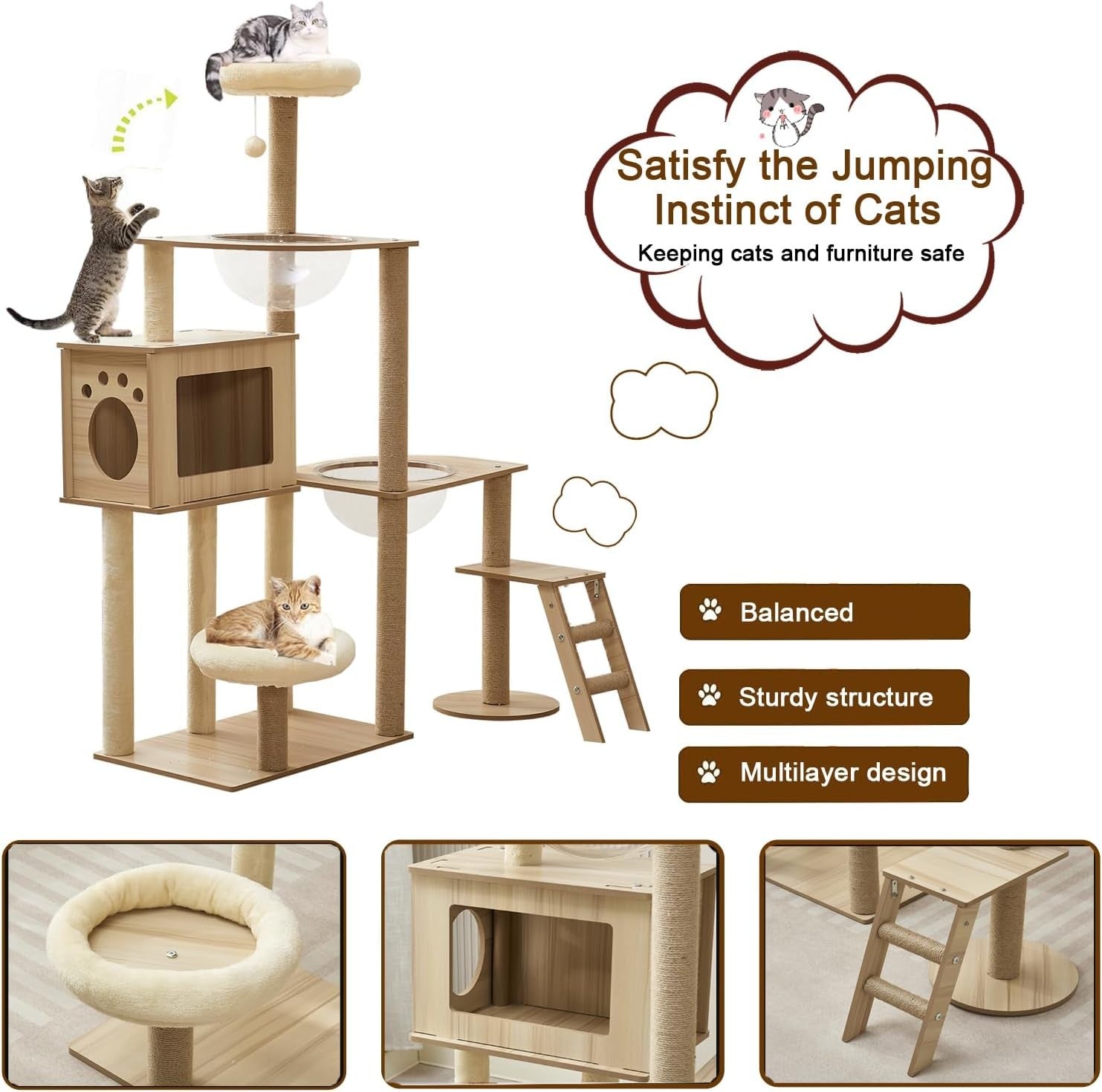 137cm Cat Tree Tower Condo Bowls Ladder Plush Perches Scratching Posts