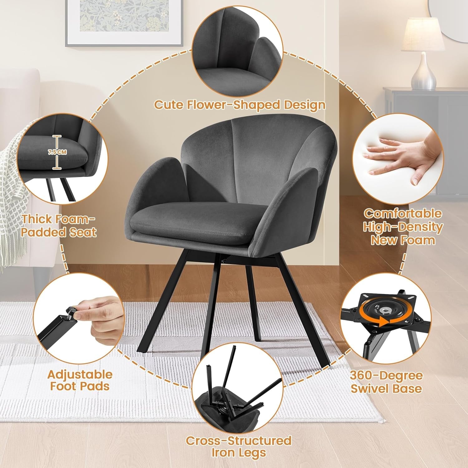 Swivel Velvet Tub Chair Dark Grey Accent Vanity Armchair