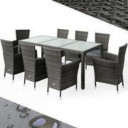 9 Seater Rattan Garden Dining Set w/ Glass Table & Cushions Outdoor Patio