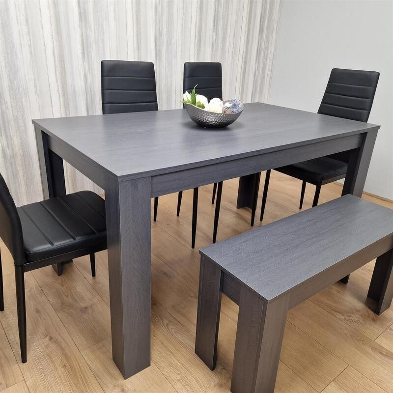 6 Seater Dark Grey Dining Table Set with 4 Chairs & Bench Faux Leather