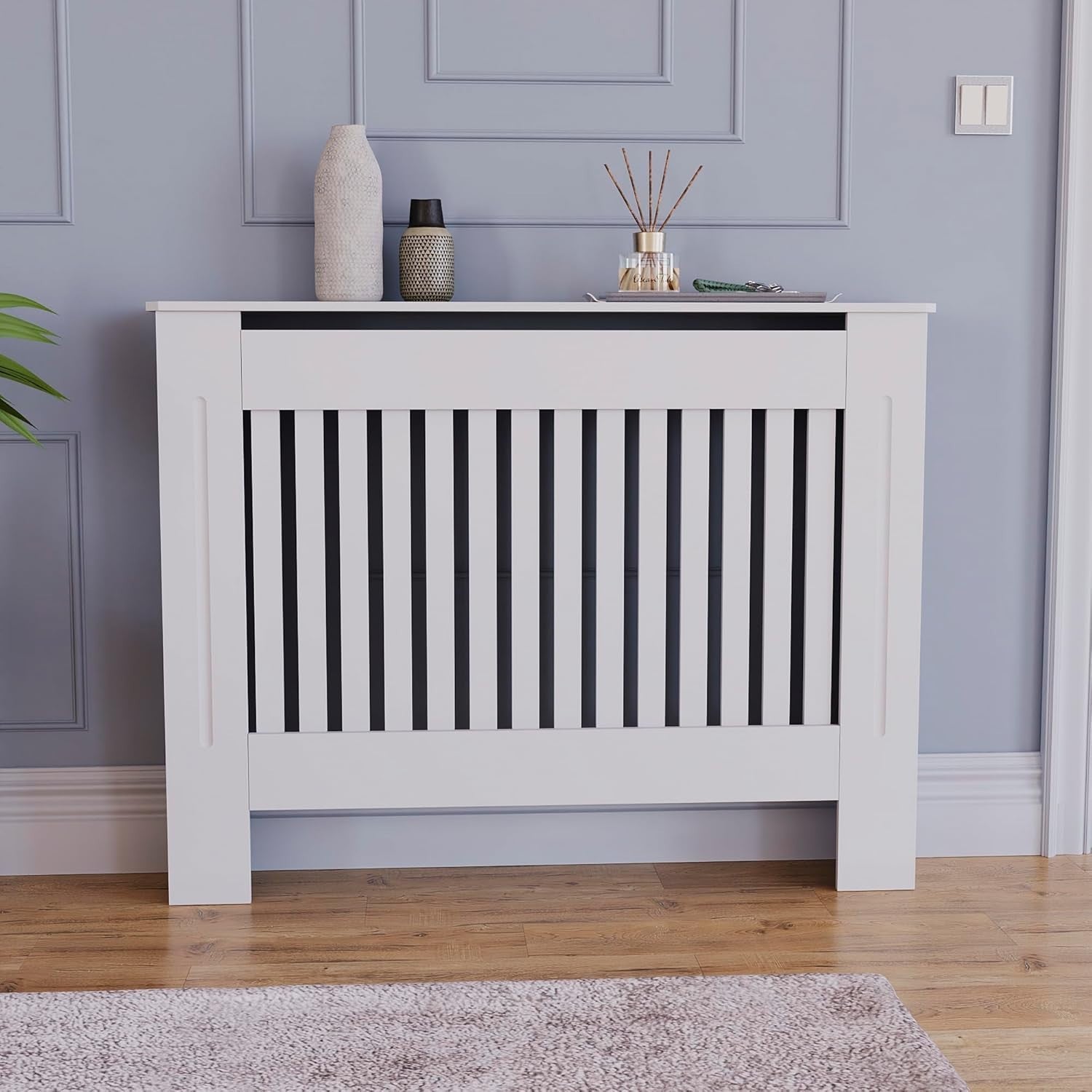Medium White Radiator Cover Cabinet | Modern MDF Slatted Heater Cover with Shelf