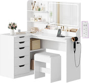 Makeup Vanity Desk Corner L-Shaped Table 5 Drawers LED Light Mirror Modern