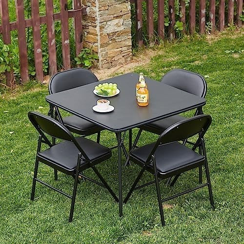 Square Folding Table 80x80cm Portable Vinyl Top Foldable Dining Gaming Black