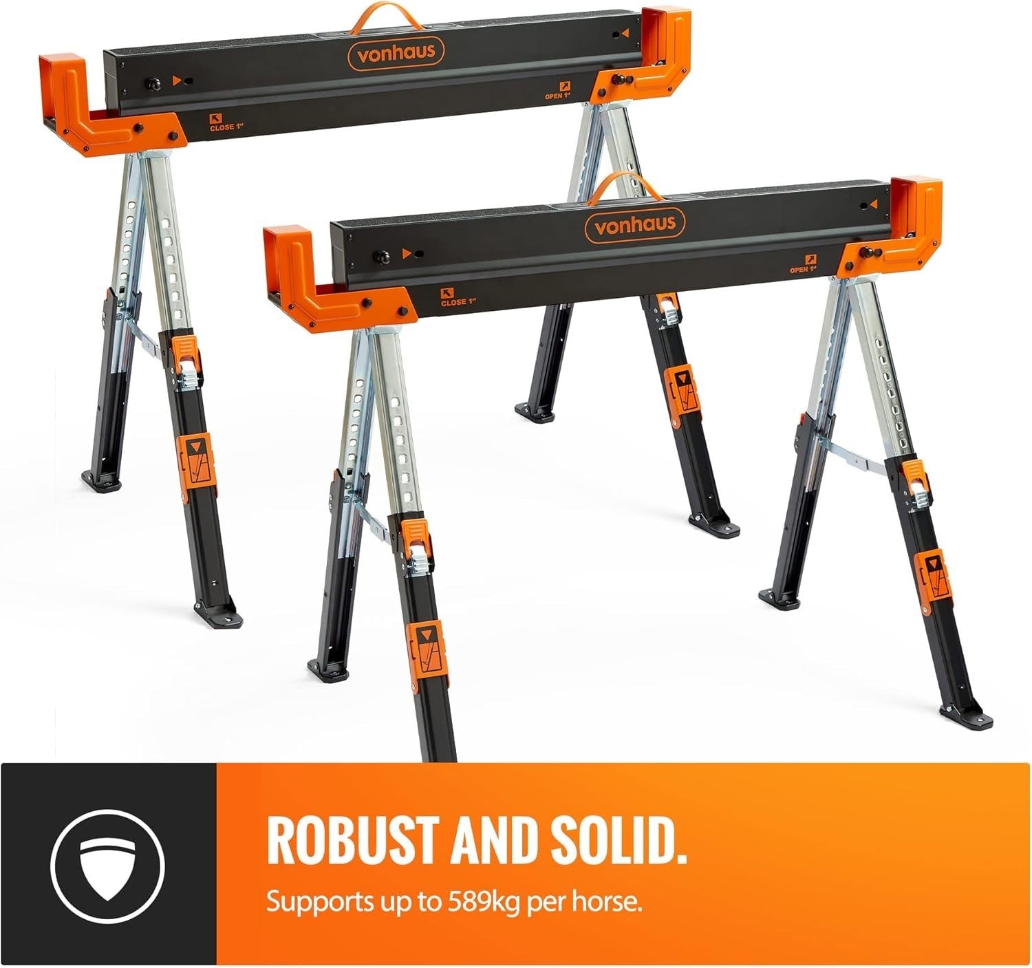 Heavy Duty Folding Sawhorse Twin Pack 1178kg Load 9-Height Adjustable Stands