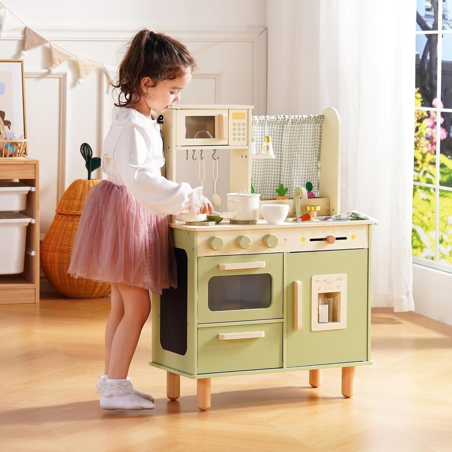 Wooden Kids Play Kitchen w/ Fridge Ice Dispenser Green Toy