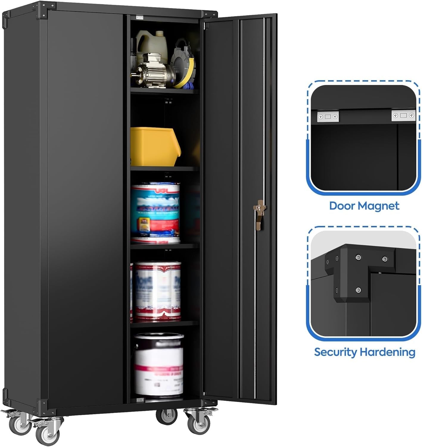 Tall Metal Storage Cabinet 183cm Lockable Doors Shelves Wheels Home Garage
