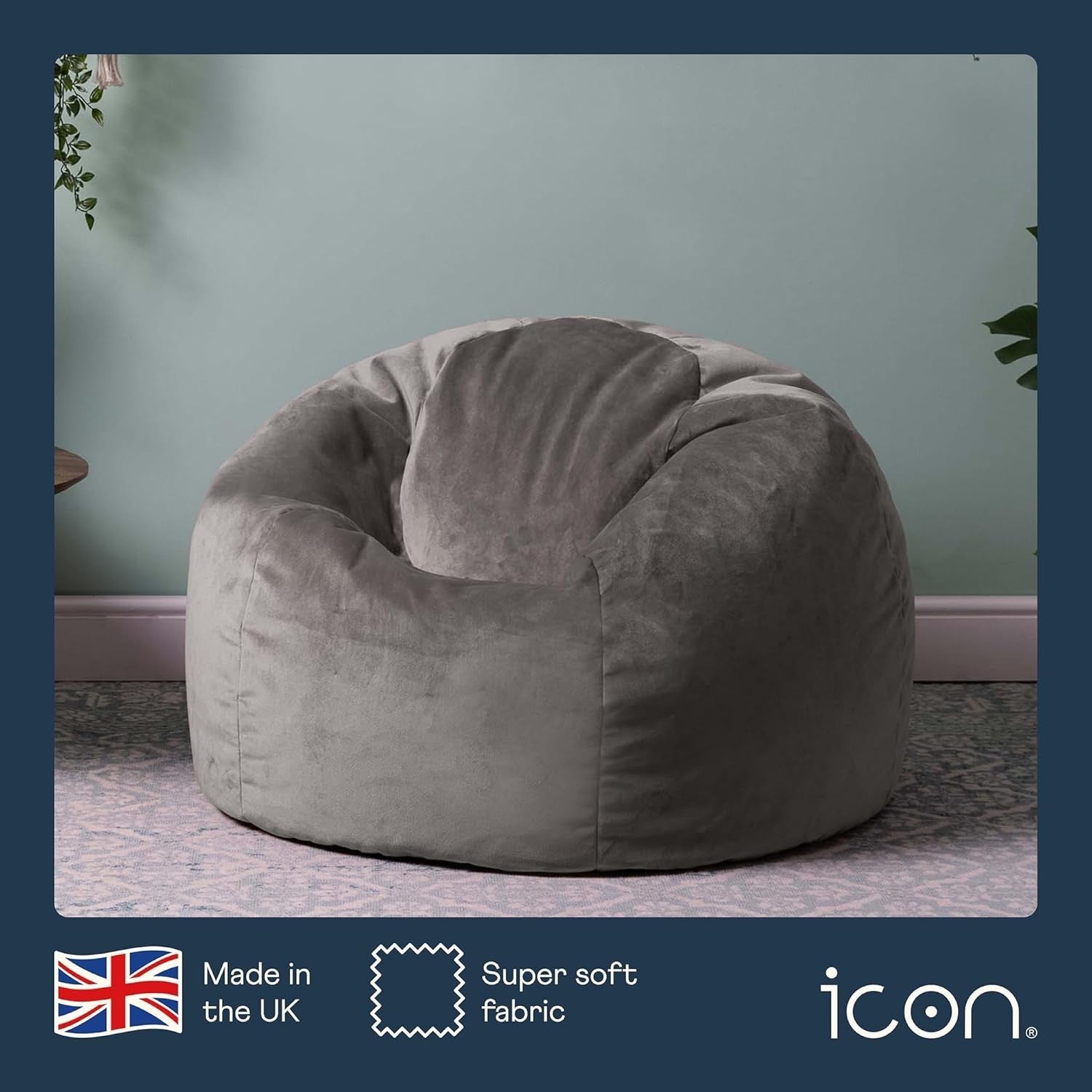Large Grey Velvet Bean Bag Chair Adult Size | Comfy Lounge Seat