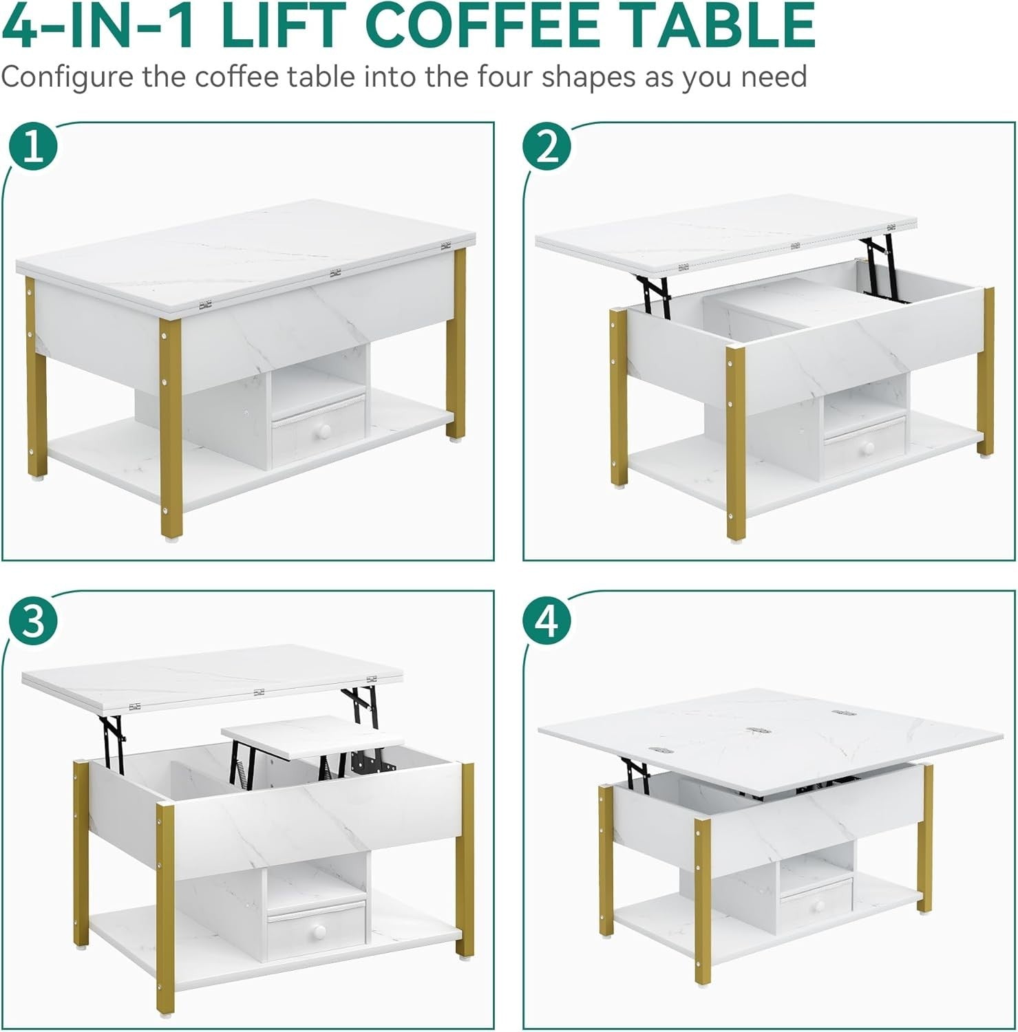 4in1 Lift Top Coffee Table with Storage Drawers Dining Table Convertible White