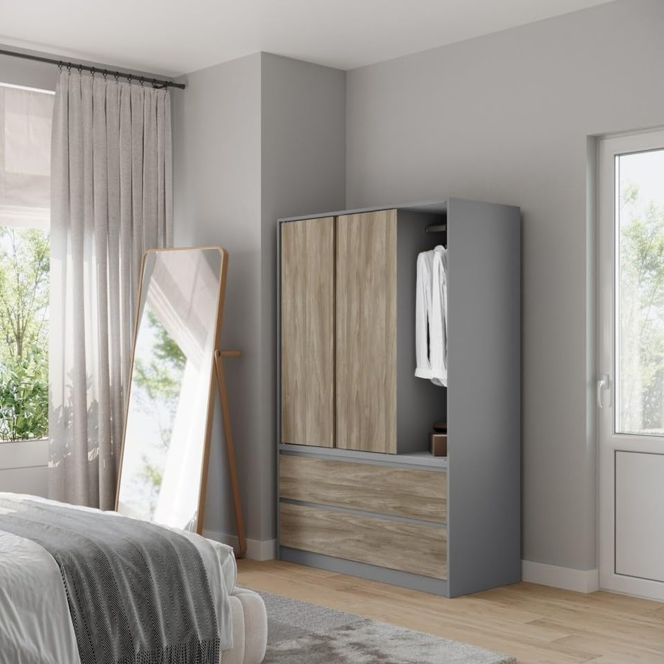 Oak Sliding Door Wardrobe with 4 Drawers & Hanging Rail – Space Saver