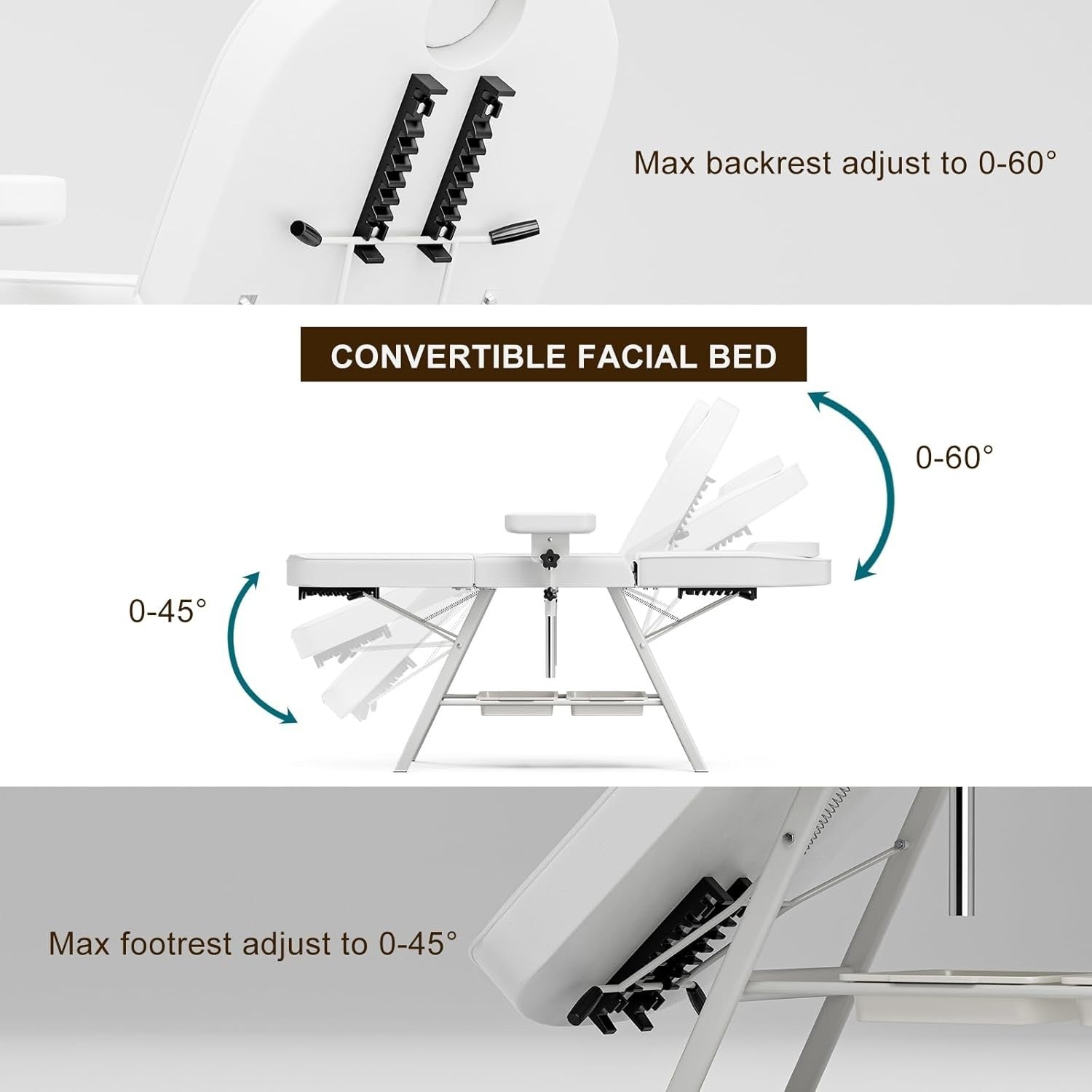 Adjustable 3-Section Salon Beauty Tattoo Bed Rotating Armrests Esthetician