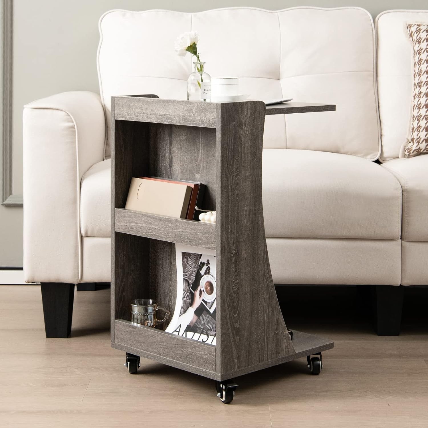 Modern C-Shaped Mobile Side Table with Wheels, Storage Shelves & Compact Design