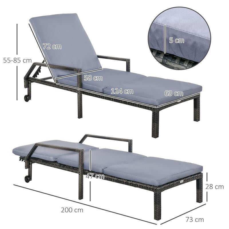 Rattan Outdoor Recliner Sun Lounger Chair Wheels 5-Level Backrest Patio