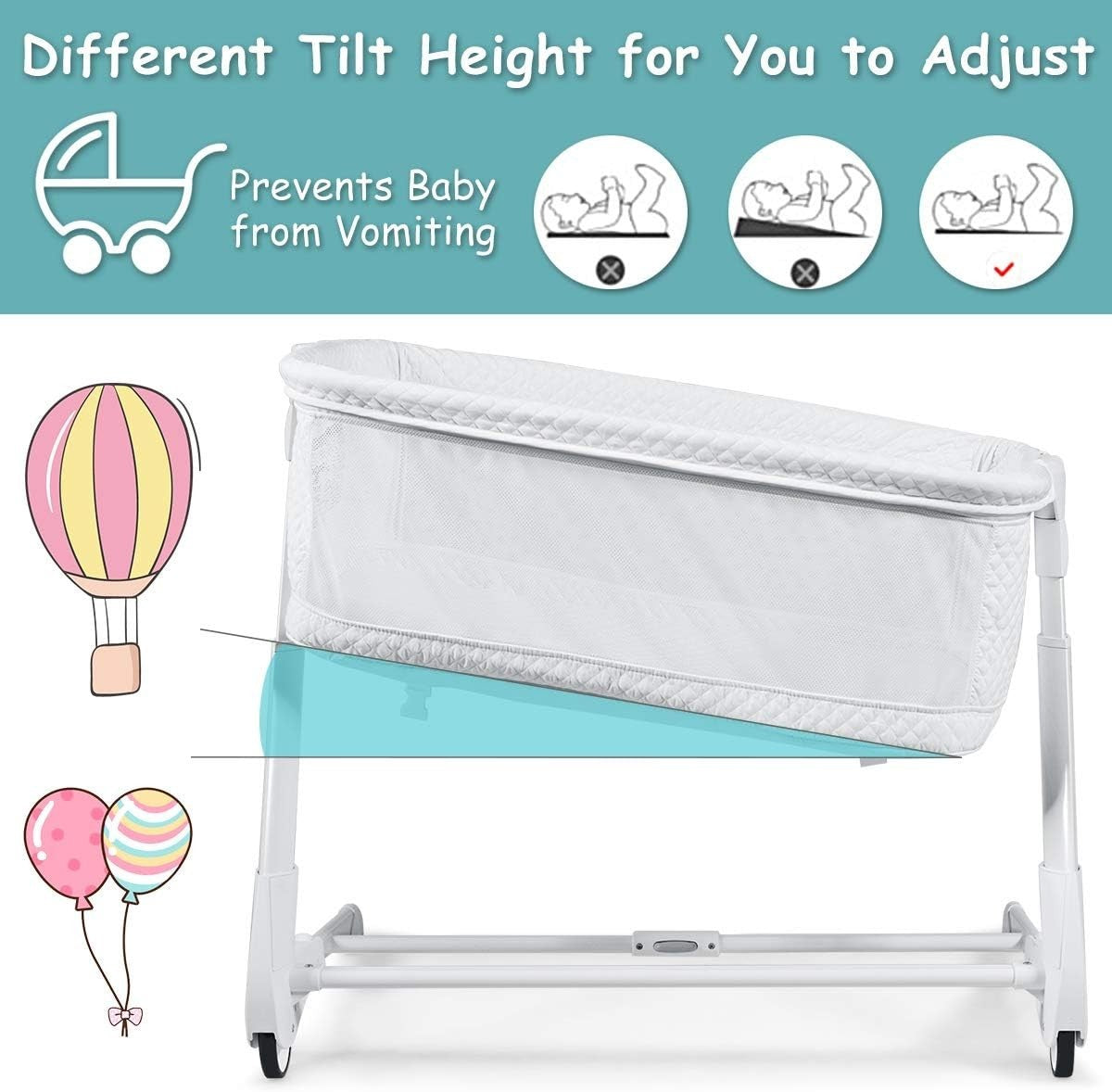 Bedside Baby Crib Adjustable Bassinet with Mattress & Wheels, Breathable White