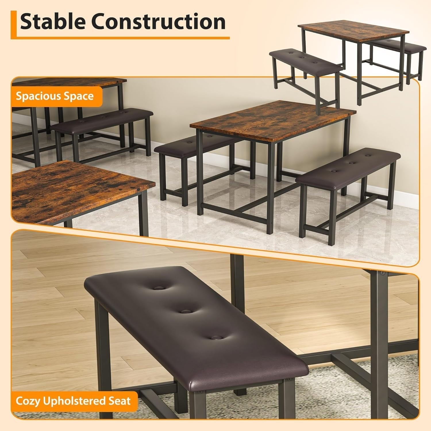 Rustic Brown Dining Table Set for 4 with 2 Benches Space Saving Wood Metal