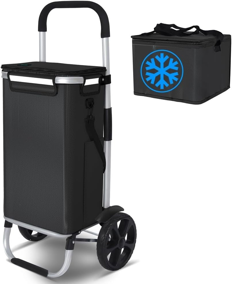 58L Folding Shopping Trolley Black Aluminium Basket with Insulated Bag