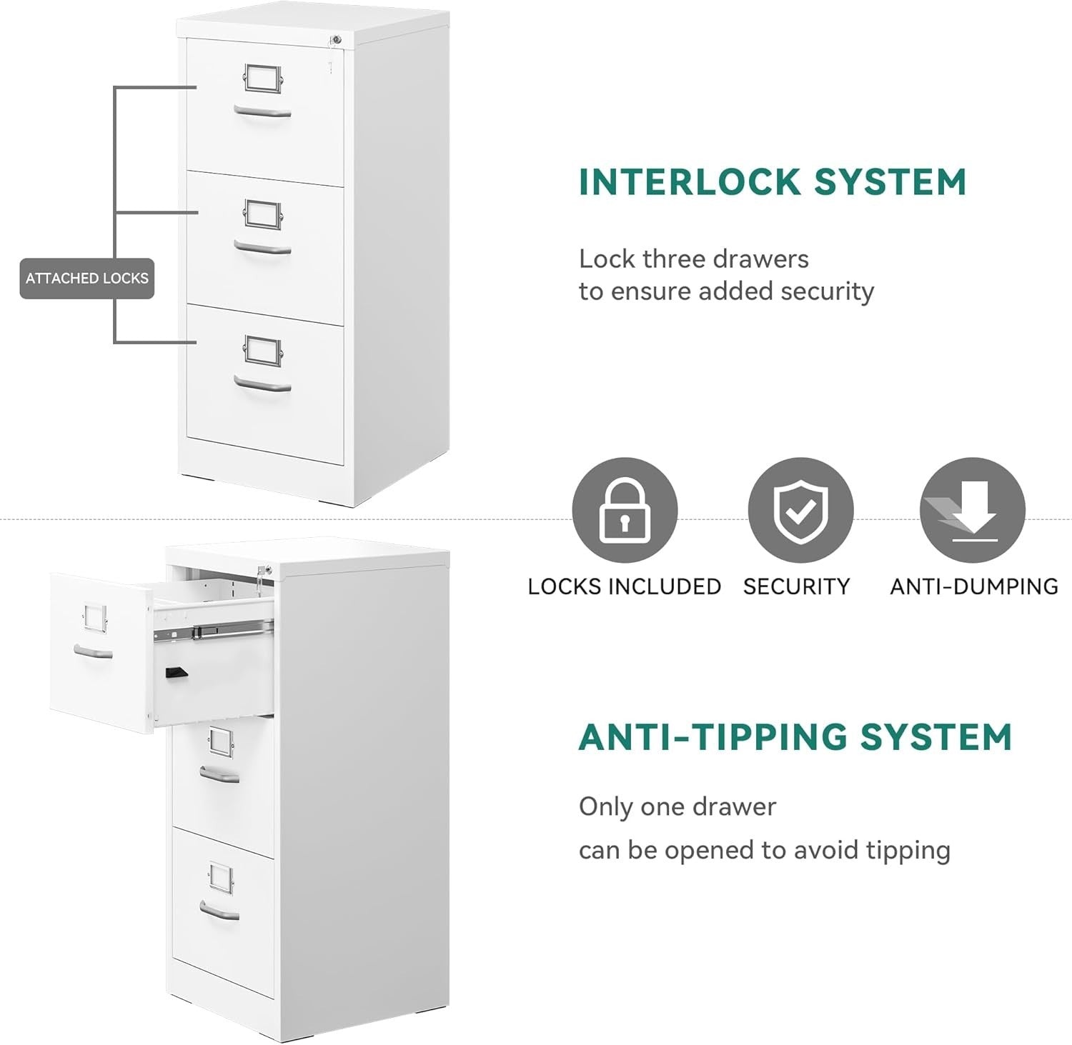 Lockable 3 Drawer Filing Cabinet White Steel Vertical A4 Legal Office Storage
