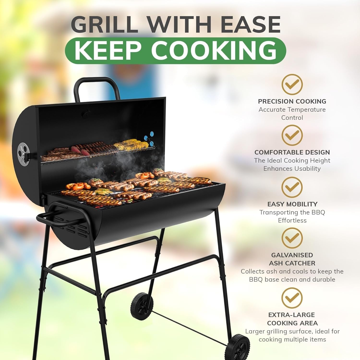 XL Barrel Charcoal BBQ Grill | Large Outdoor Smoker | Built-In Thermometer